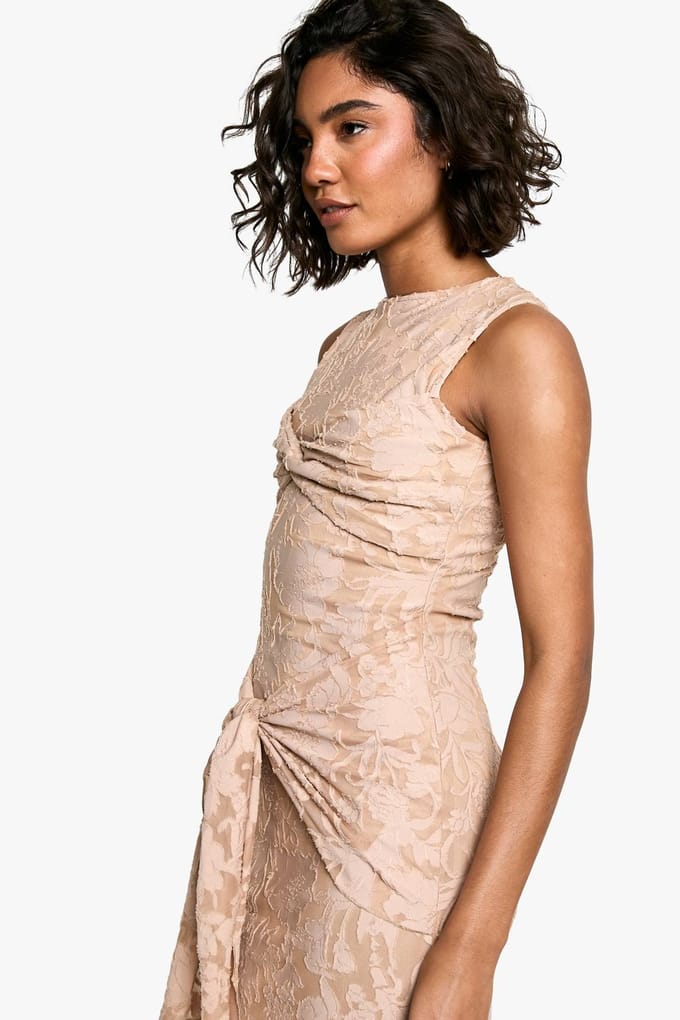 boohoo Dames Lange Burnout Bloemen Tie Twist Maxi-jurk | Camel | Maat: 36