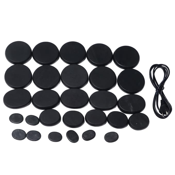 Massageset met warme stenen, inclusief aluminium verwarmer en verschillende maten voor lichaamsontspanning en spa-plezier. US Plug black