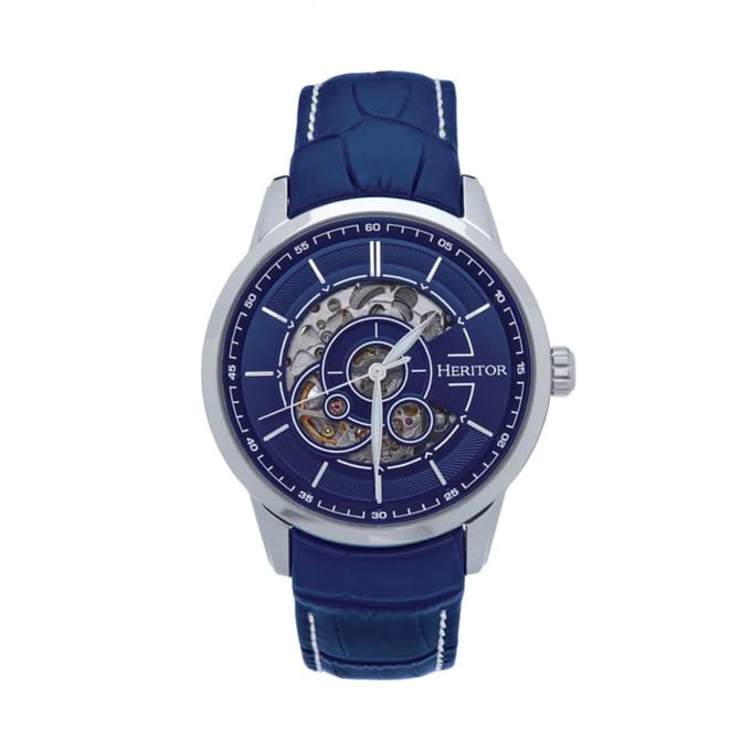 Heritor Automatic Davies Semi-Skelet leren band horloge - Zilver/Marineblauw
