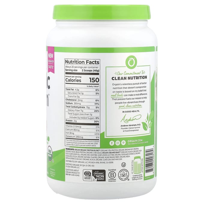 Poudre de Protéines Bio™, Végan, Fudge Crémeux au Chocolat, 920G (2.03Lbs)