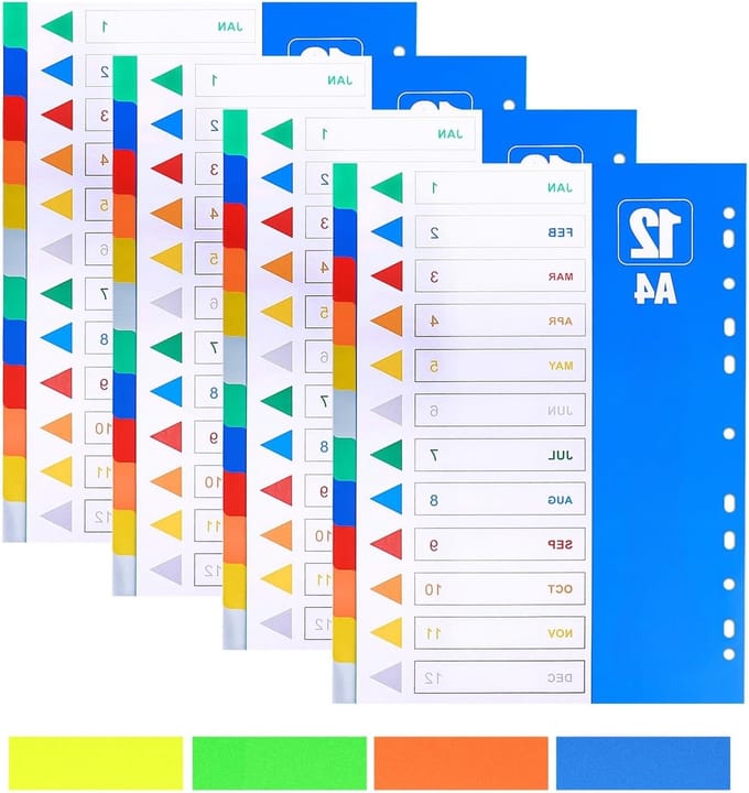 Set van 4 A4 indexscheidingsbladen, multifunctionele en extra brede mappenindicators met nummers 1-12, ideaal voor organisatie en archivering