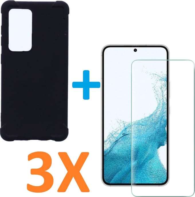 Anti-Shock silicone hoesje zwart met 3 Pack Tempered glas Screen Protector Geschikt voor: Samsung Galaxy S22