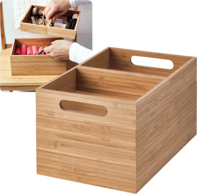 DRAGAN Bamboedoos, natuurlijk hout, organizer met handgrepen, opbergdoos 23x17x14 cm