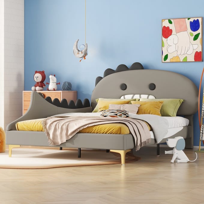 REDOM Kinderbed 140x200 cm van PU/MDF – Met cartoon dinosaurushoofdeinde en lattenbodem – Grijs