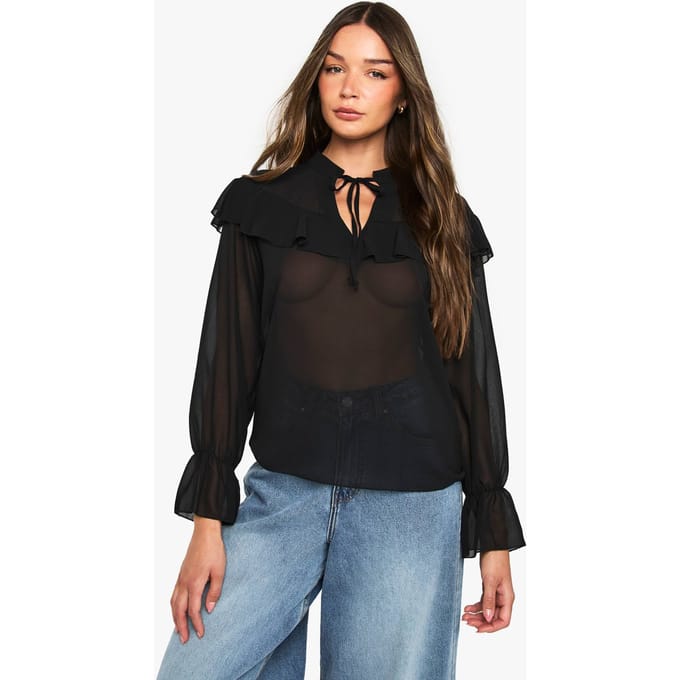 boohoo Dames Ruffle Blouse | Black | Maat: 6
