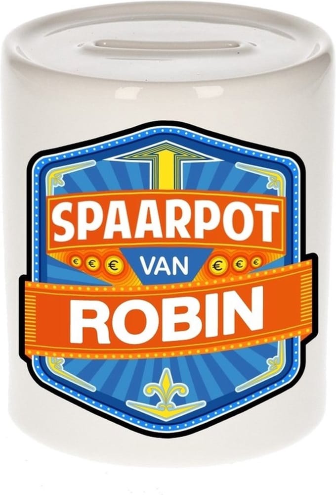 Bellatio Decorations Kinder spaarpot met naam - Robin - keramiek - met dop - wit - Sparen - Spaargeld van Robin