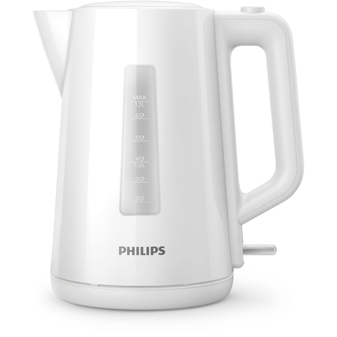 Philips 3000-serie Waterkoker - 1.7 Liter capaciteit met veiligheidssysteem en veerdeksel in het wit.