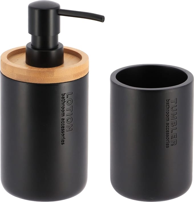 Tendance Badkamer accessoires set 2-delig - Polyresin/bamboe - zwart - robuust - matte coating - luxe set