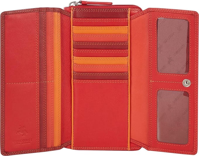 Visconti Leren Portemonnee - Rainbow Collectie - RFID - 17 Pasjes - Leer - Rood-Multi (RB78 RD)