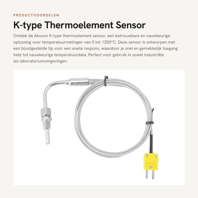 Dailygoods- Thermoelement K-type - Temperatuursensor 0-1250°C - Roestvrij Stalen Probe - Mini K Connector - 80 mm Lengte - Snelle Respons