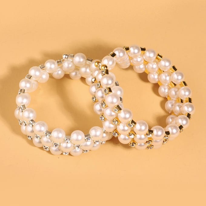 Klassieke Parelarmband met Drie Lussen, Meerlaagse Elastische Parel Strass Armband goud