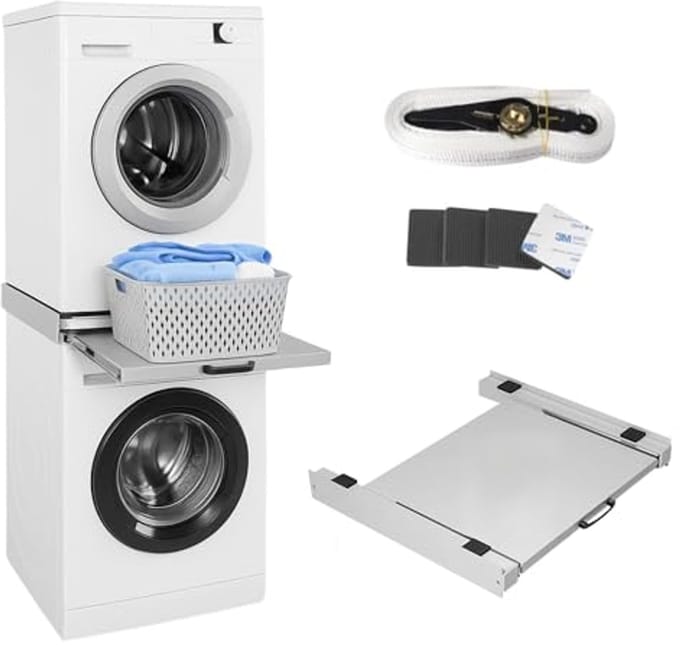 Verbindingsframe Droger Wasmachine - Stapelset Tussenbouw - Ruimte Besparen - Uittrekbaar Dienblad - 60 x 54 cm - Wit