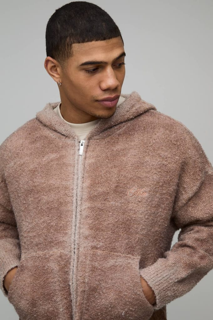 Heren Relaxed Boxy Ombré Bouclé Gebreide Hoodie | Brown | Size Medium