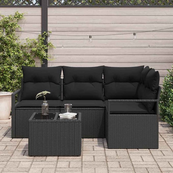 vidaXL Bankstel met kussen met opslag 5 pcs Zwart poly rattan