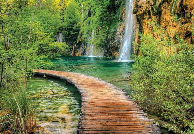Fotobehang Path Sea Mountains Waterfall Forest | XL - 208cm x 146cm | 130g/m2 Vlies