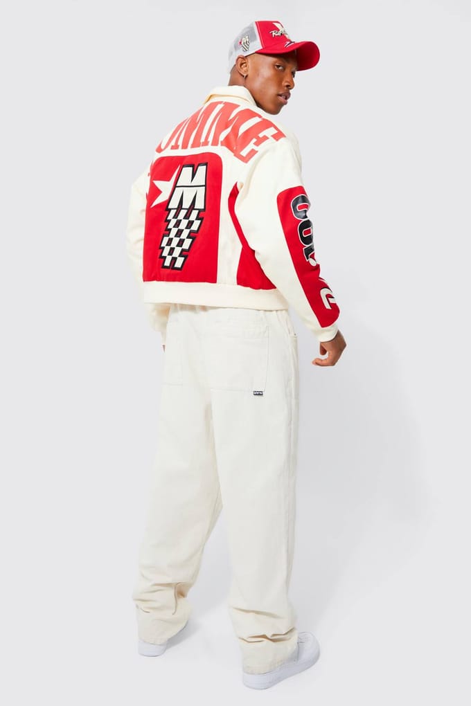 Boxy Twill Homme Moto Bomber Jacket | Ecru | Size Medium