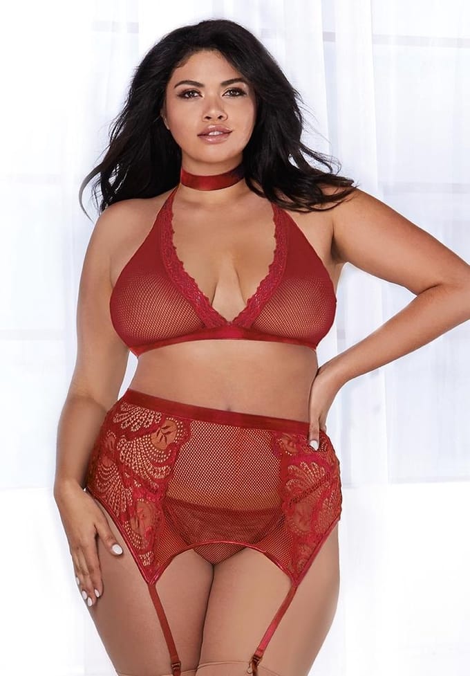 Dreamgirl (All) Visnet & Kant 4-Delige Set - Plus Size red Queen Size