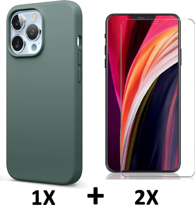 HB Hoesje Geschikt voor Apple iPhone 13 Pro Max - Groen / 2X Glazen Screenprotector - Siliconen Back Cover