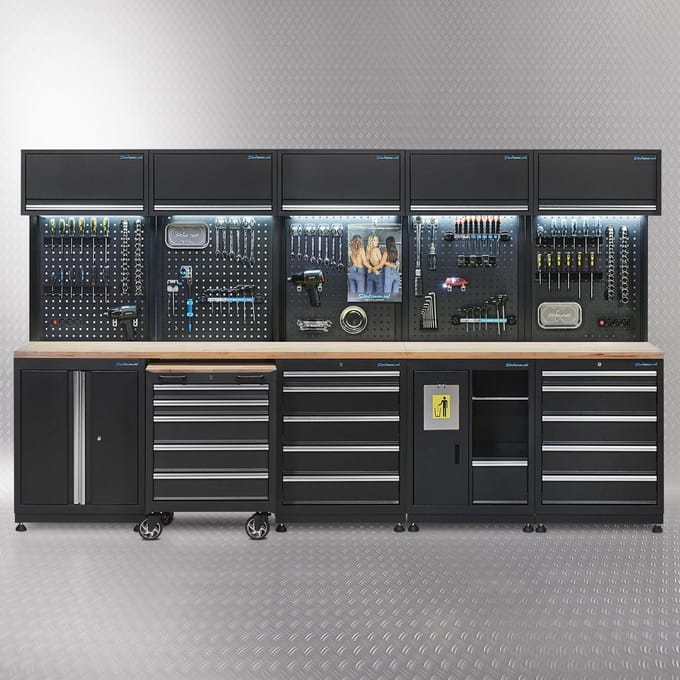 Datona® Werkplaatsinrichting PREMIUM met eiken werkblad 340 cm breed - Zwart