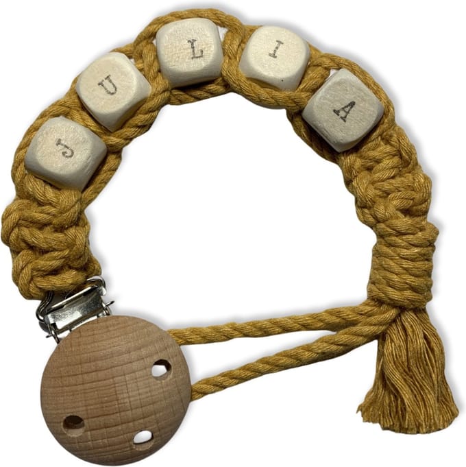 Macramé Speenkoord met Naam - Okergeel - Katoenkoord - Prijs per Stuk - Inclusief Verzendkosten