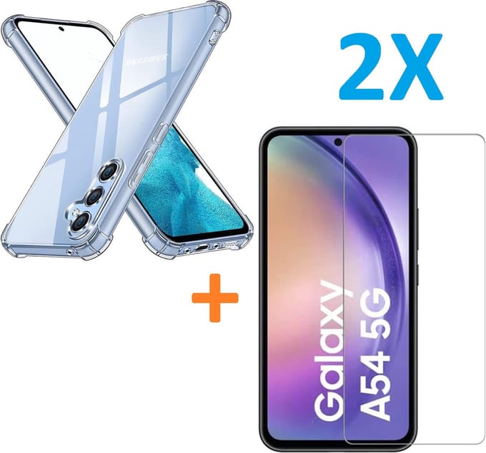Anti-Shock silicone hoesje met 2 Pack Tempered glas Screen Protector Geschikt voor: Samsung Galaxy A54
