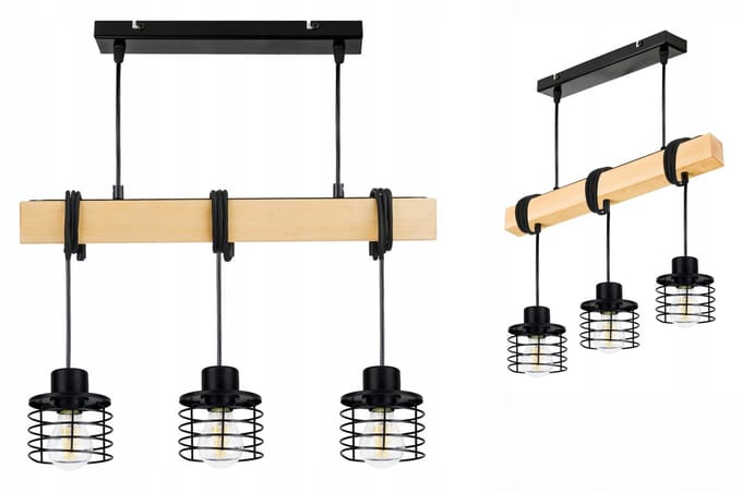 Houten balk hanglamp met 3 zwarte draad kappen, E27 fitting
