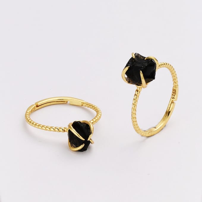 Gouden Ring Dames - Cadeau voor vrouwen - Verstelbare Ring met Obsidiaan Edelsteen - Starlyte