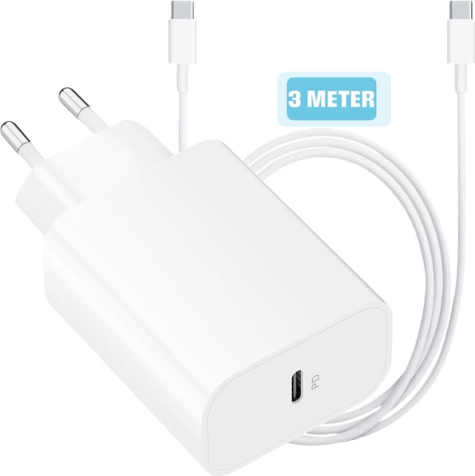 20w usb C Power Oplader met usb C naar C Kabel - 3 Meter - Snellader - UsbC Lader - Wit