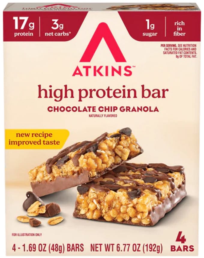 Atkins | High Protein Bar | Chocolate Chip Granola Bar | 4 x 48g
