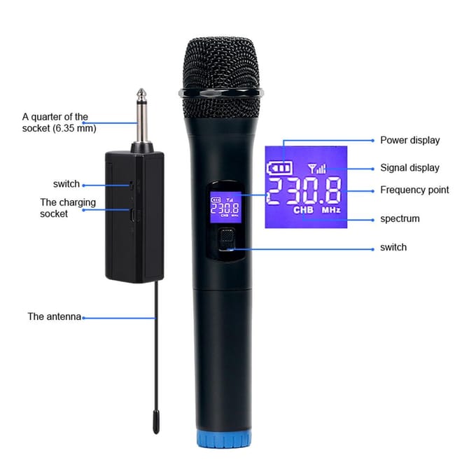 Multifunctionele draadloze microfoon met twee kanalen, draadloze handheldmicrofoon, professioneel LCD-scherm zwart