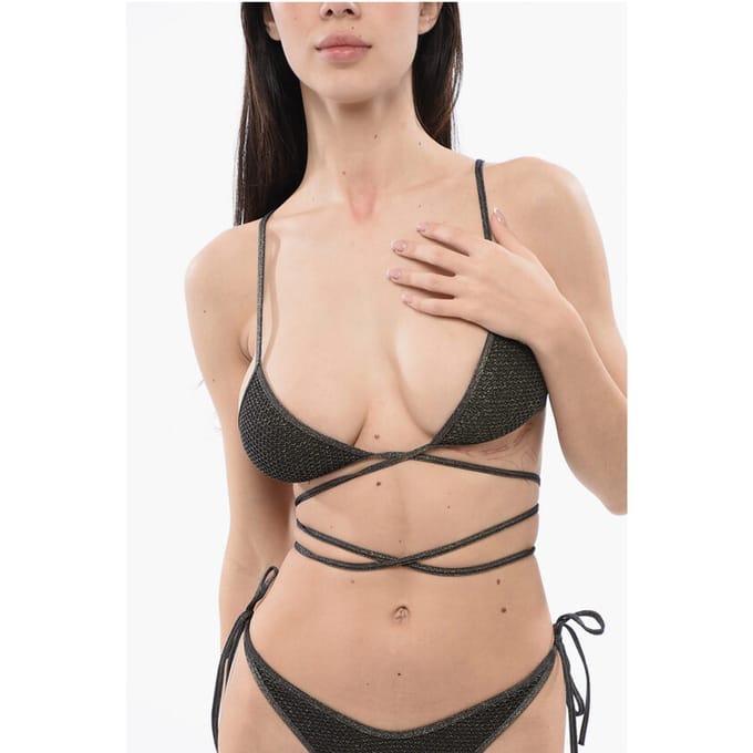 Lurex bikini triangel met gekruiste vetersluiting in groen