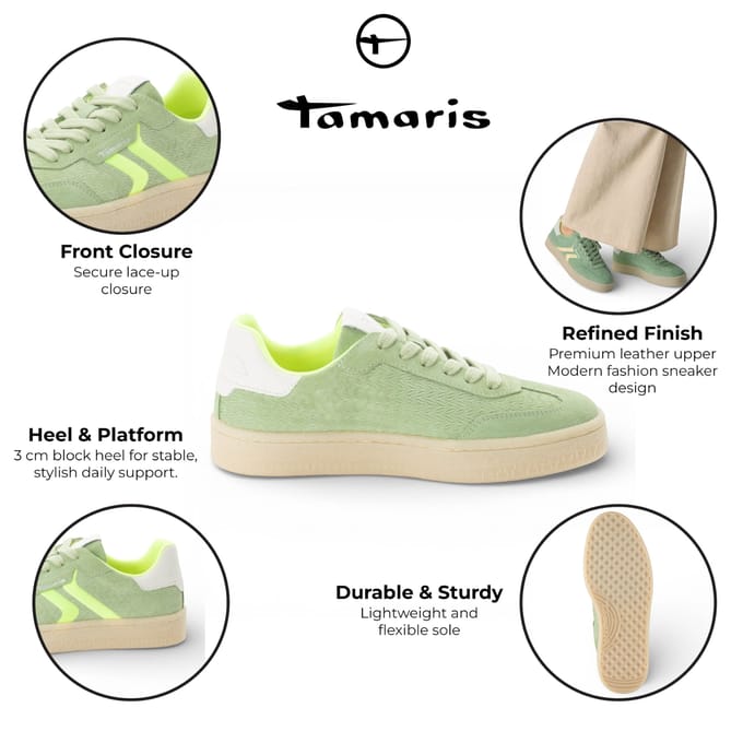 Tamaris dames sneakers van groen leer met neonstrepen