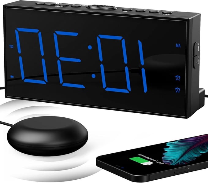 Luide Wekker met Bedschudder Trilwekker voor Zware Slapers Slechthorende Dove Jongeren Dubbele Wekker Groot Display USB-oplader Dimmer Sluimer