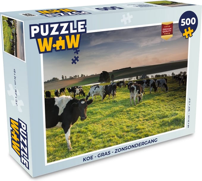 Puzzel Koe - Gras - Zonsondergang - Legpuzzel - Puzzel 500 stukjes