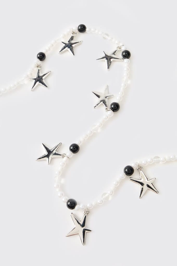 White Faux Pearl Necklace with Silver Stars