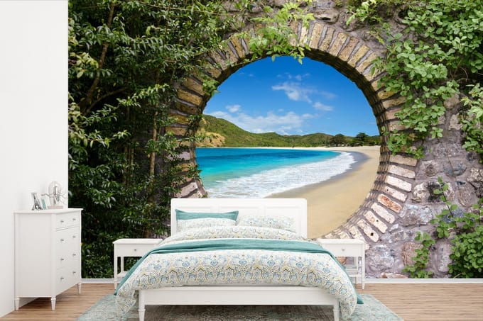 Behang - Fotobehang Strand - Zee - Doorkijk - Breedte 330 cm x hoogte 220 cm