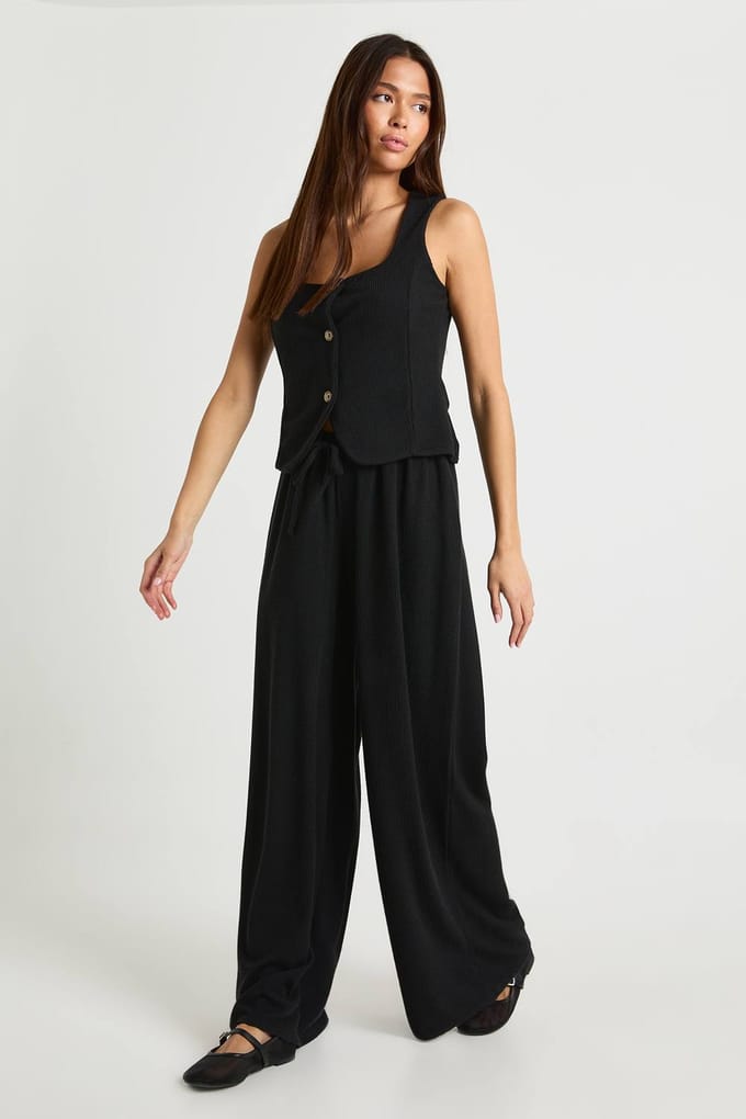 boohoo Dames Crinkle Rib Wijde Pijp Broek | Black | Maat: 8