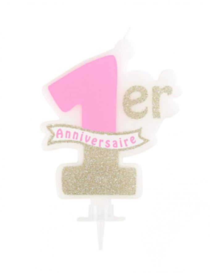 ARTYFETES - Roze en gouden glitterkaars 1e verjaardag 10 x 8 cm