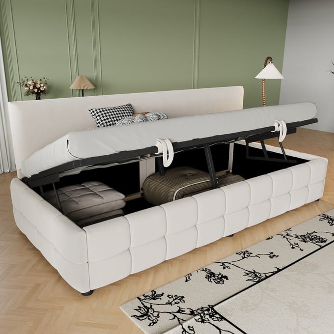 REDOM Slaapbank 90x200 cm – Fluweel met hydraulische opbergruimte – Beige