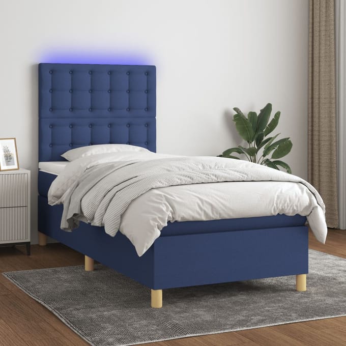 vidaXL - Boxspring - met - matras - en - LED - stof - blauw - 80x200 - cm