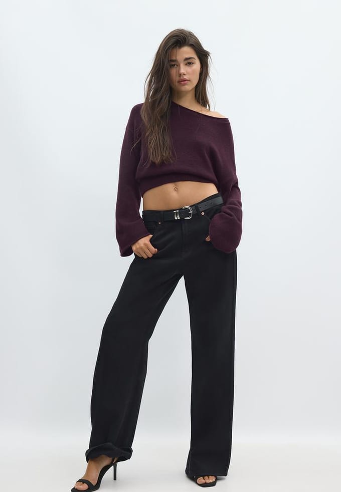 Stradivarius Zachte gebreide trui met ceintuur  AUBERGINE M