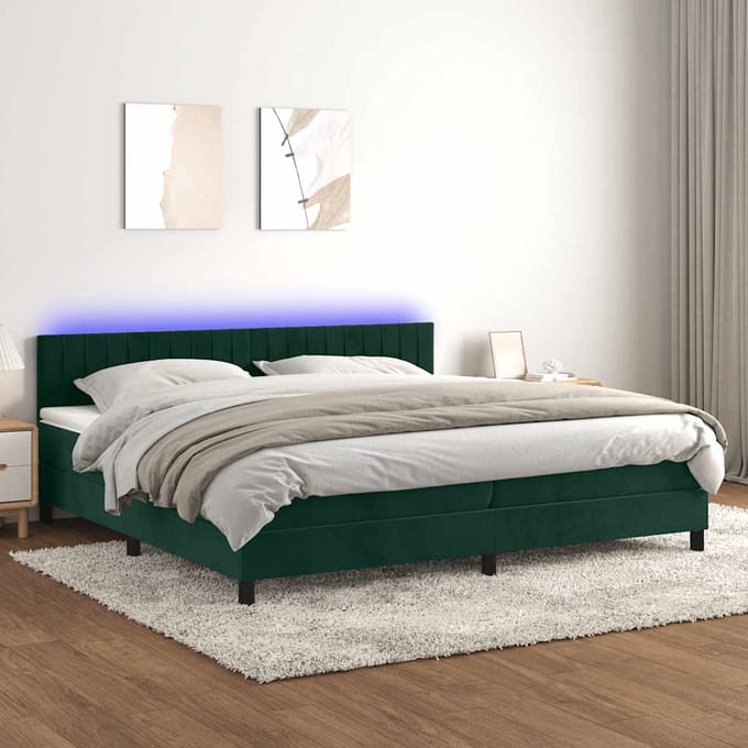 vidaXL - Boxspring - met - matras - en - LED - fluweel - donkergroen - 200x200 - cm