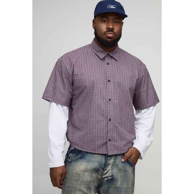 Plus Boxy Oversized Micro Check Neplaag Overhemd | Red | Size 2XL