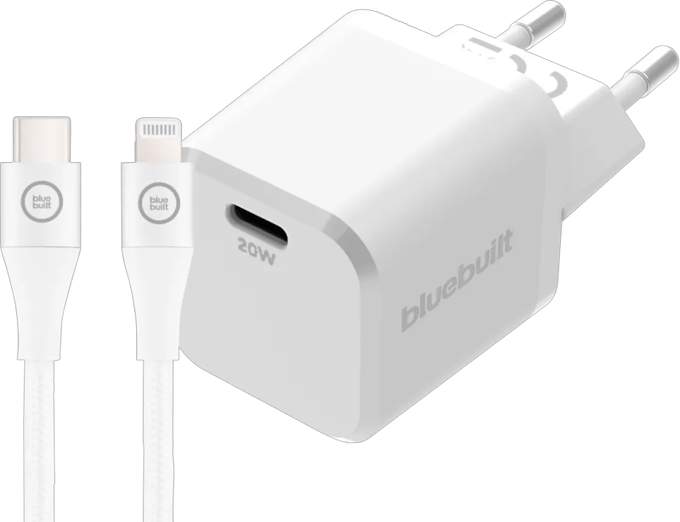 BlueBuilt Power Delivery Oplader 20W + Lightning Kabel 3m Nylon Wit