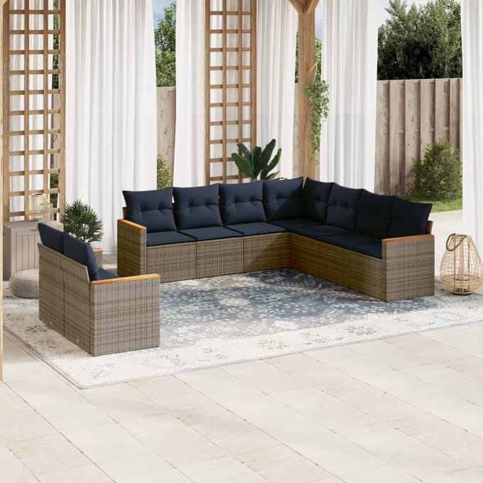 vidaXL - 9-delige - tuinbankset - met - kussens, - grijs - polyrotan