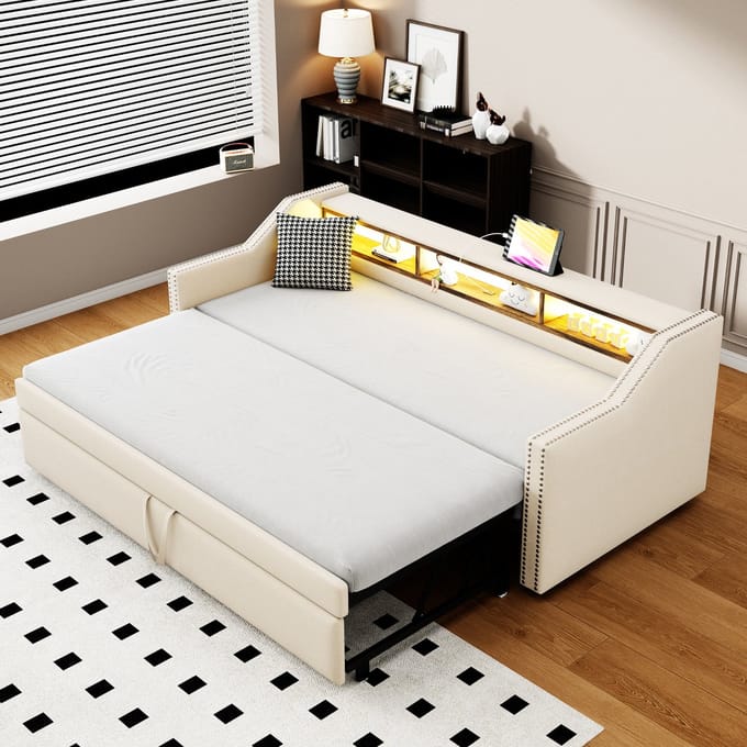 MODFU Bedframe 90x190 / 180x190 cm – beige burlap – uitschuifbaar met LED, USB en zijvakken