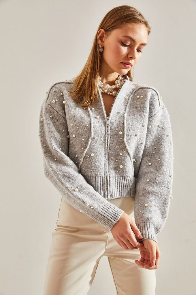 Parels Versierde Rits Crop Vest
