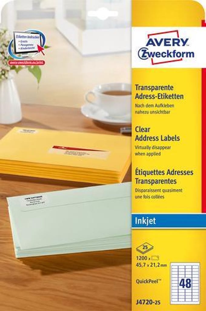 Inkjetetiket Avery 45 - 7x21 - 2 - transp. doos 25 vel - 48 et. pe