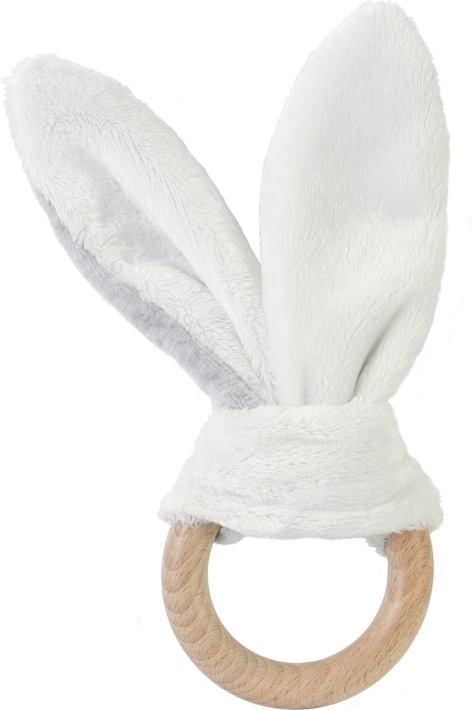 BAMBAM Houten bijtring Konijn - Wit/Grijs - Baby cadeau