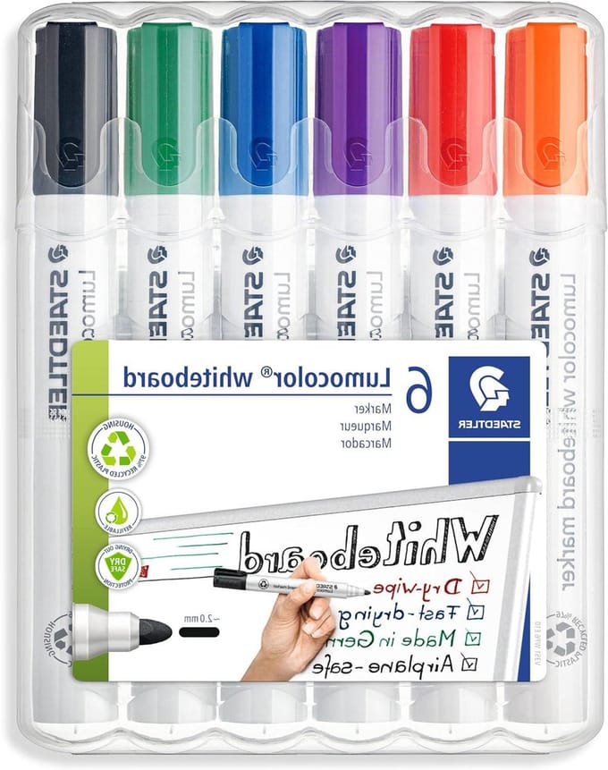 Whiteboard-markers set van 6 - droog afneembaar - 2 mm lijnbreedte